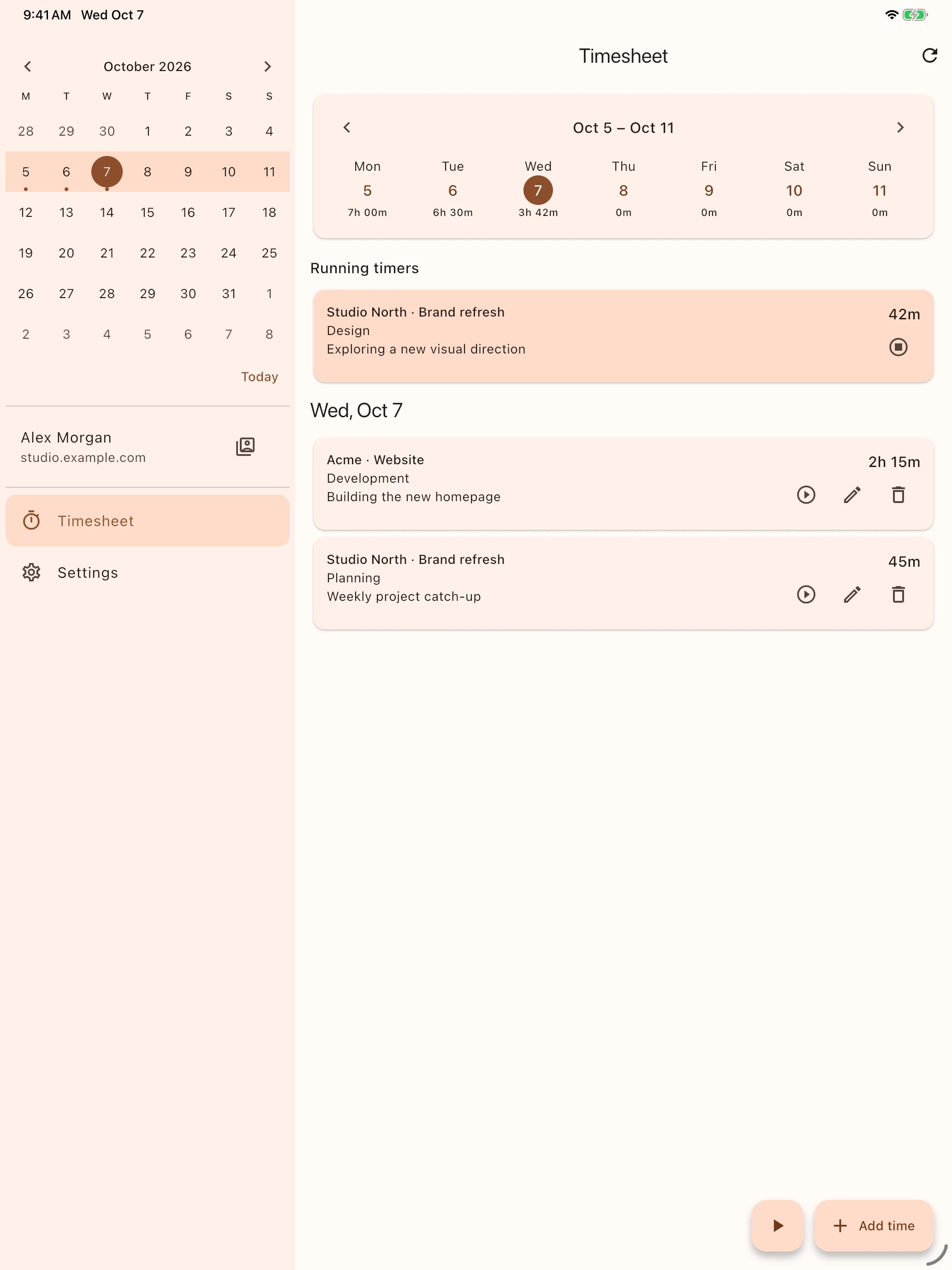Kimai Companion on iPad, with a month calendar beside the weekly timesheet