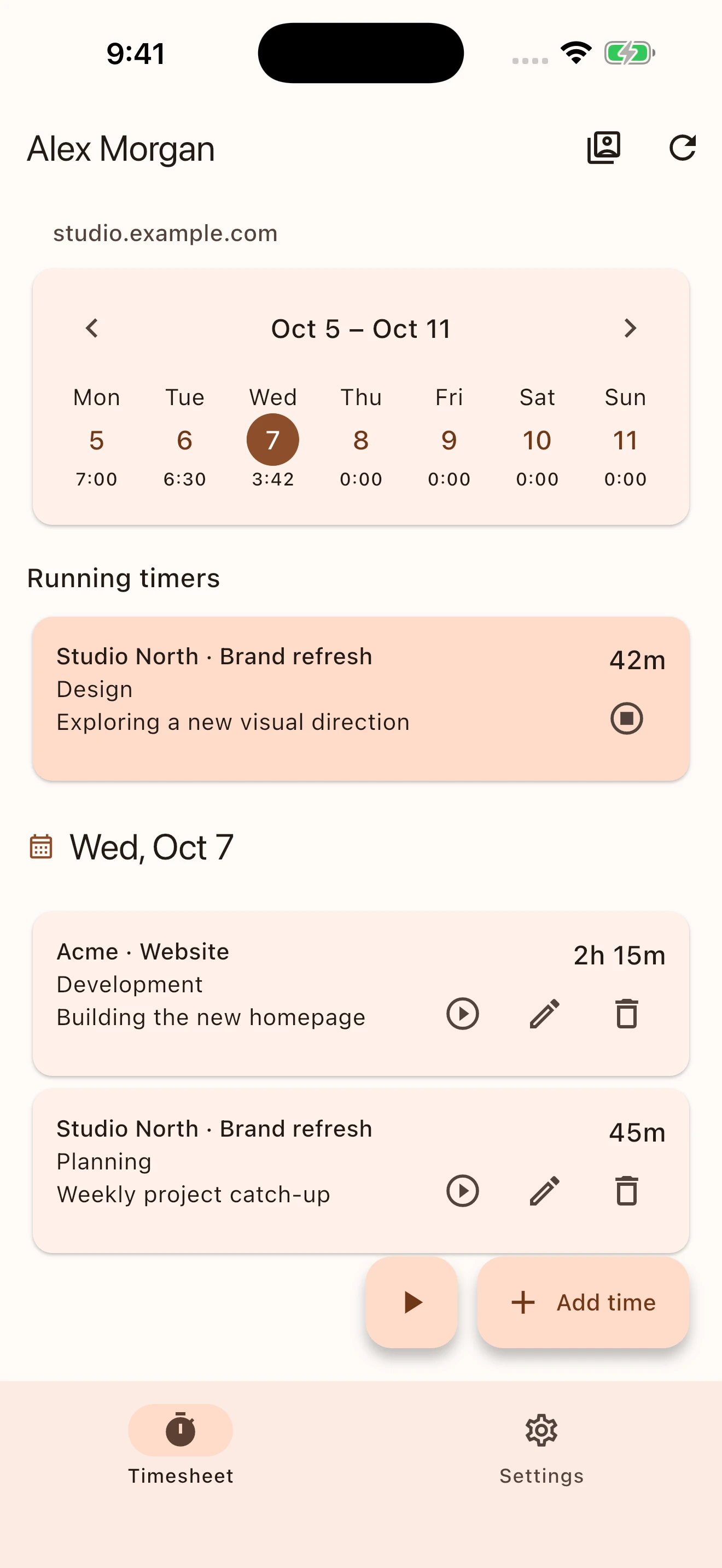 The same Kimai timesheet on iPhone