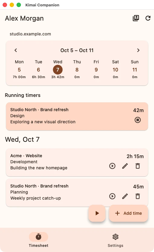 Kimai Companion on Mac showing a running design timer and today's time entries